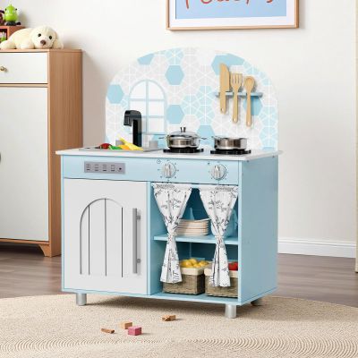 Arlopu Play Kitchen Set, Kids Interactive Pretend Chef Playset with Curtained Cabinet, Stove w/Clicking Knobs, Faucet & Sink, Wooden Cookware Accessories, Toys Kitchen for Toddlers (Blue)