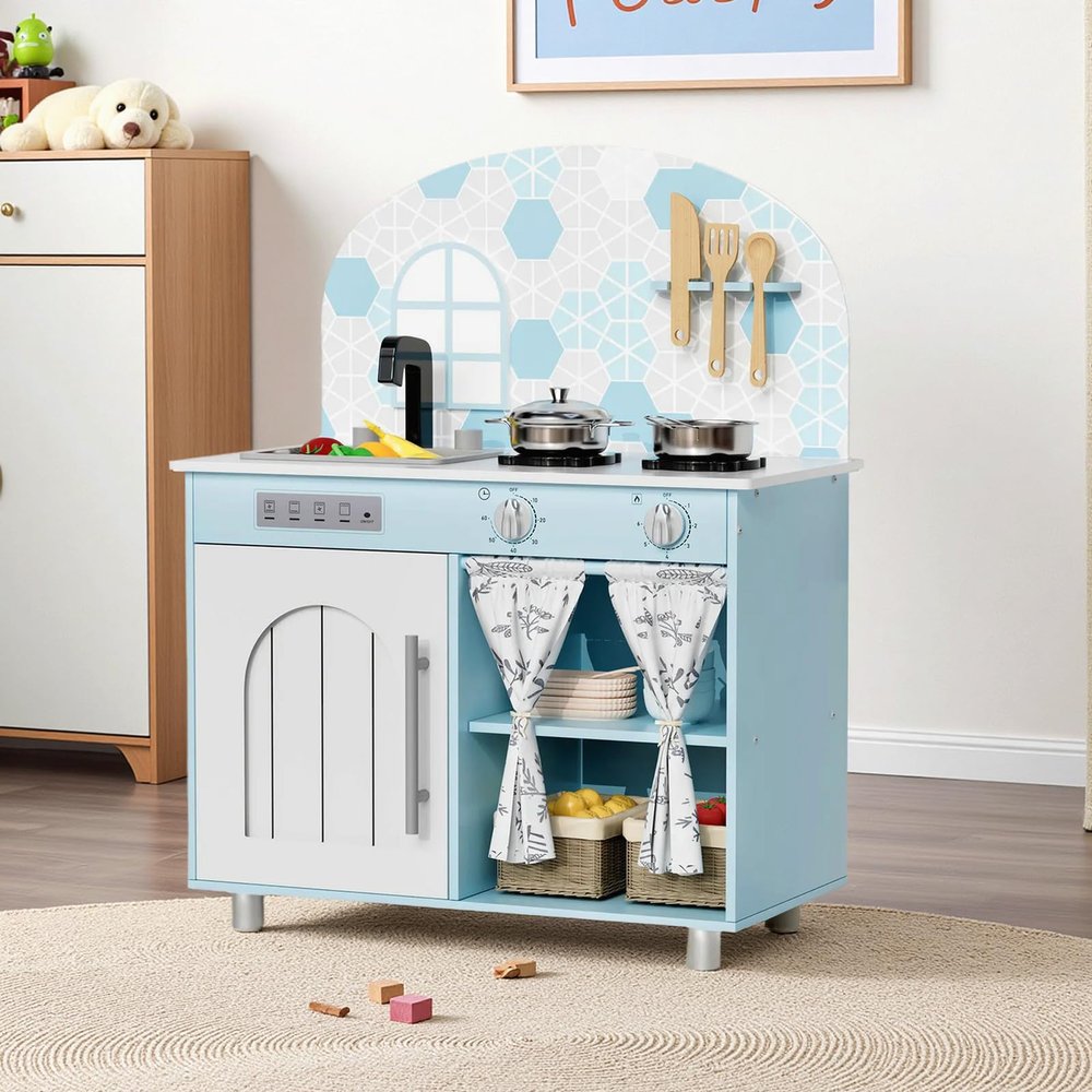 Arlopu Play Kitchen Set, Kids Interactive Pretend Chef Playset with Curtained Cabinet, Stove w/Clicking Knobs, Faucet & Sink, Wooden Cookware Accessories, Toys Kitchen for Toddlers (Blue)