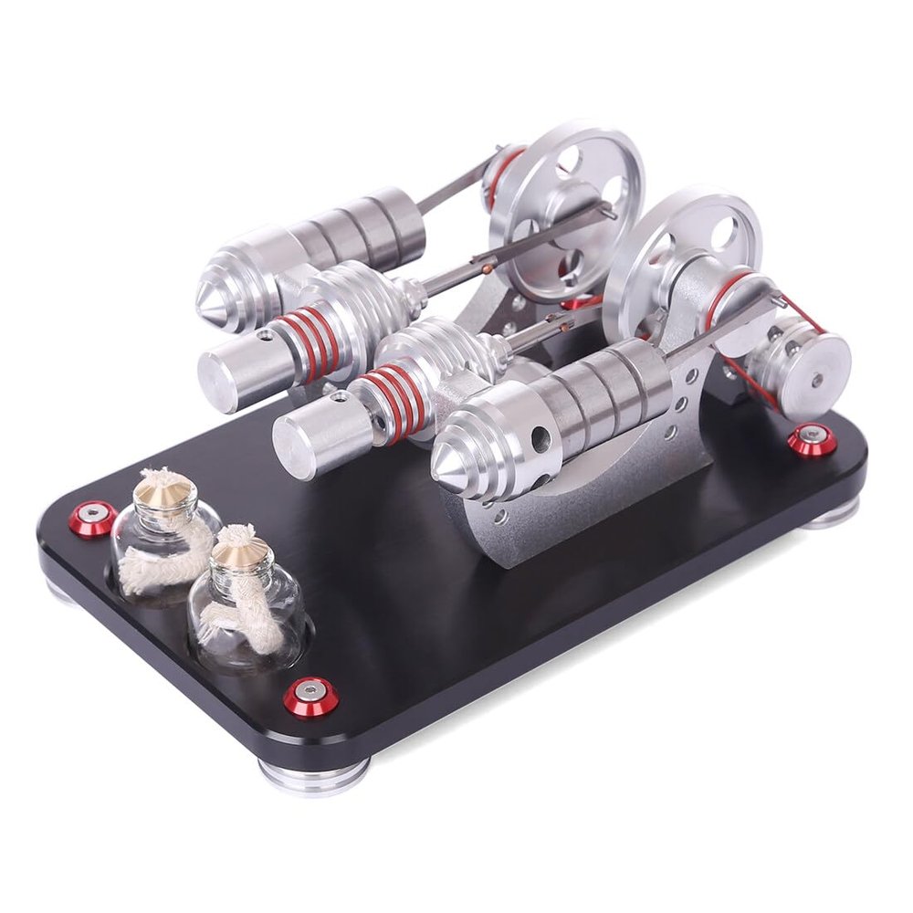 Stirling Engine Model Kit That Works, Metal 2-Cylinder Parallel Bootable External Combustion Engine with LED Light and Generator, Physics Education Experiment Display for Adults