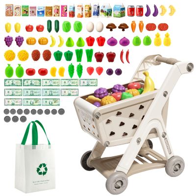 Jovow 102pcs Kids Shopping Cart Trolley Play Set with Pretend Food and Accessories,Perfect for Ages 3+ Pretend Play and Role-Playing GamesKhaki
