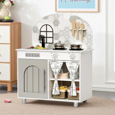 Arlopu Play Kitchen Set, Kids Interactive Pretend Chef Playset with Curtained Cabinet, Stove w/Clicking Knobs, Faucet & Sink, Wooden Cookware Accessories, Toys Kitchen for Toddlers (White)