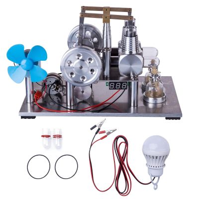 Stirling Engine Model Kit, Balance Dual Cylinder Hot Air External Combustion Electric Generator with Voltage Meter, Fan & Bulb for Physics Demonstrates & Home Decoration