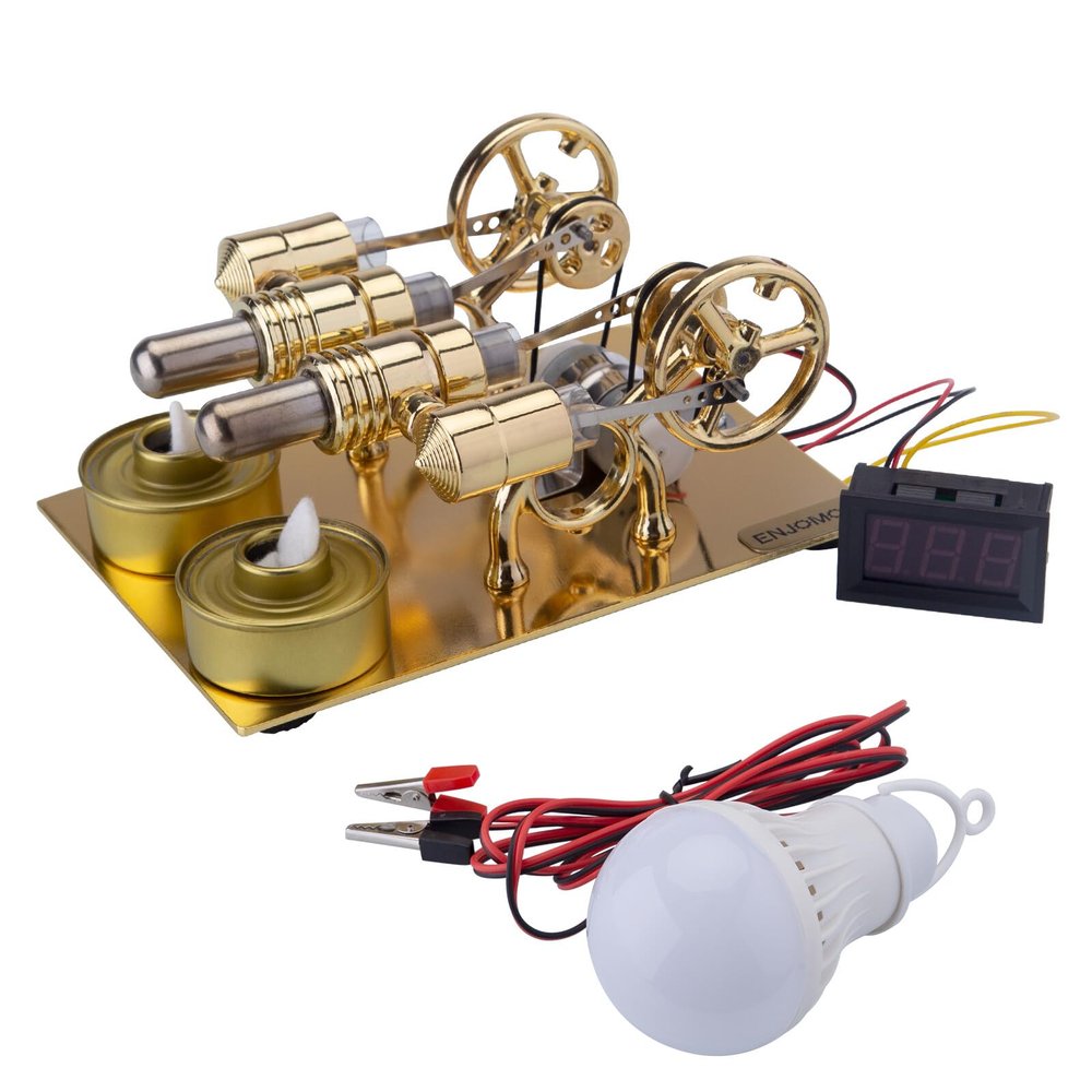 Stirling Engine Model Kit, Balance 4-Cylinder Hot Air Four Cylinder External Combustion Electric Generator with Voltmeter & Bulb for Physics Demonstrates & Home Decoration