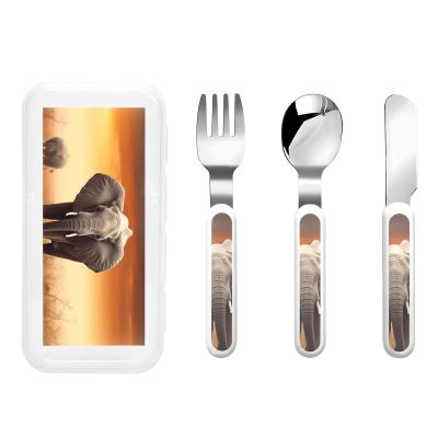 3-Piece Kids Silverware Set, Stainless Steel Reusable Children Safe Knife Spoon Fork Set With Storage Case Cute Wild Elephant Children Flatware Set For Kids Lunch Box