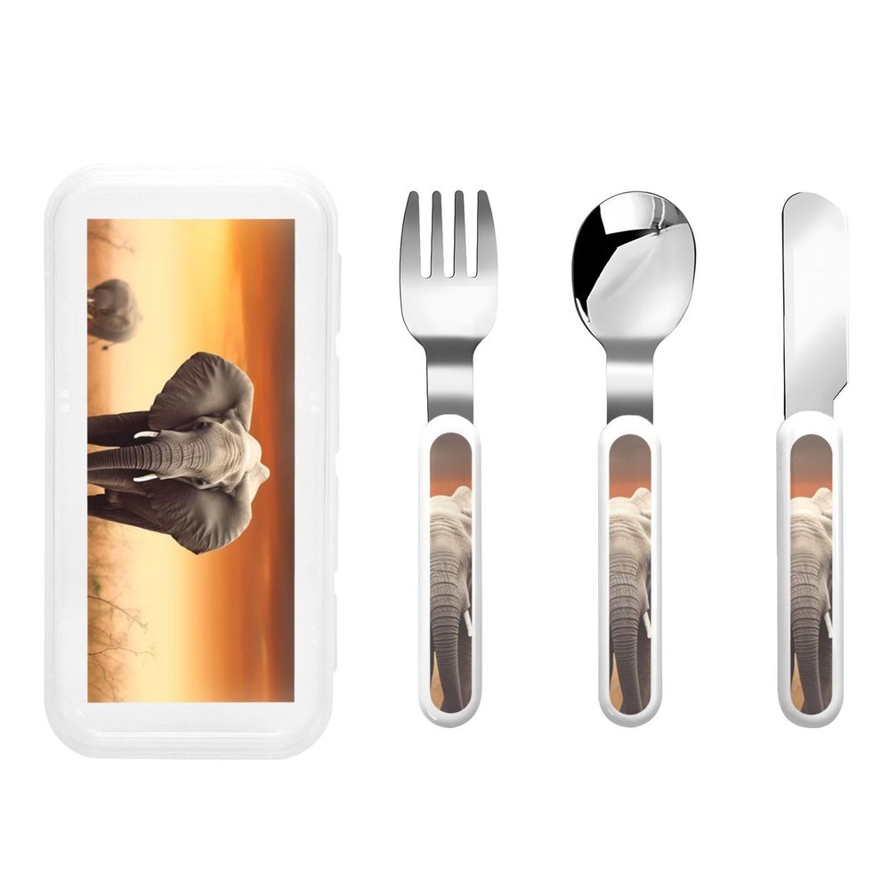 3-Piece Kids Silverware Set, Stainless Steel Reusable Children Safe Knife Spoon Fork Set With Storage Case Cute Wild Elephant Children Flatware Set For Kids Lunch Box