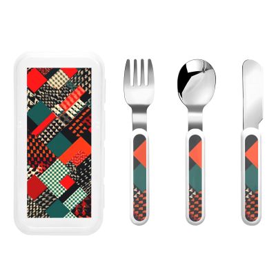 3-Piece Kids Silverware Set, Stainless Steel Reusable Children Safe Knife Spoon Fork Set With Storage Case Diagonal Geometric Pattern Children Flatware Set For Kids Lunch Box