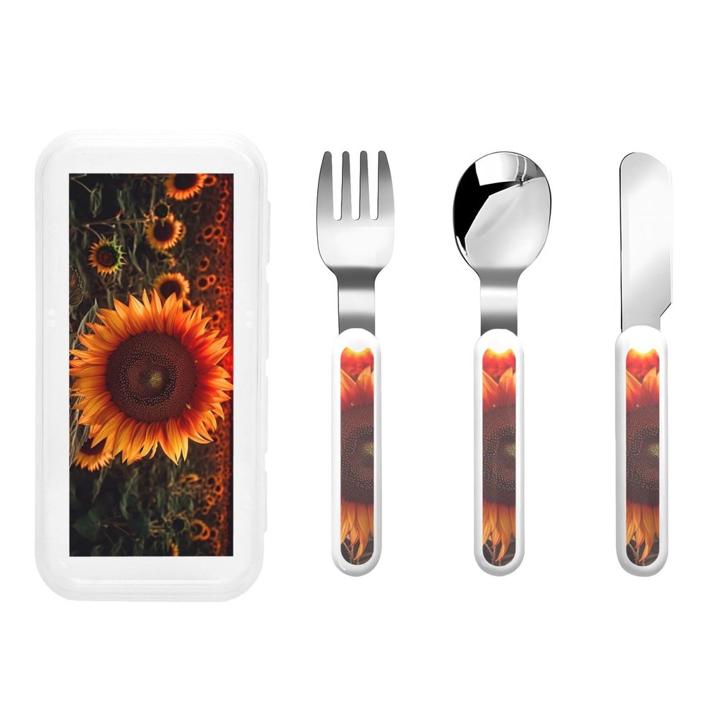 3-Piece Kids Silverware Set, Stainless Steel Reusable Children Safe Knife Spoon Fork Set With Storage Case Sunset Sunflower Children Flatware Set For Kids Lunch Box