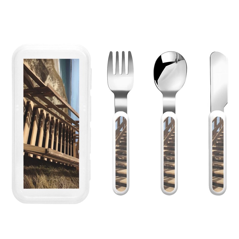 3-Piece Kids Silverware Set, Stainless Steel Reusable Children Safe Knife Spoon Fork Set With Storage Case Board Walk Stair Children Flatware Set For Kids Lunch Box