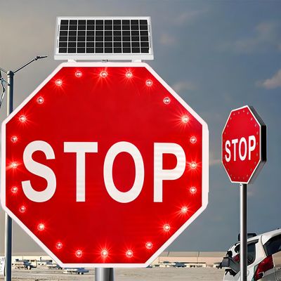 LED Traffic Road Warning Sign, Solar LED Stop Sign, With Large-Area Solar Panel and 24 High-Brightness Leds, Intelligent Sensor, 0.5-Mile Visibility Range, For School, Residential, Parking Lots 30"