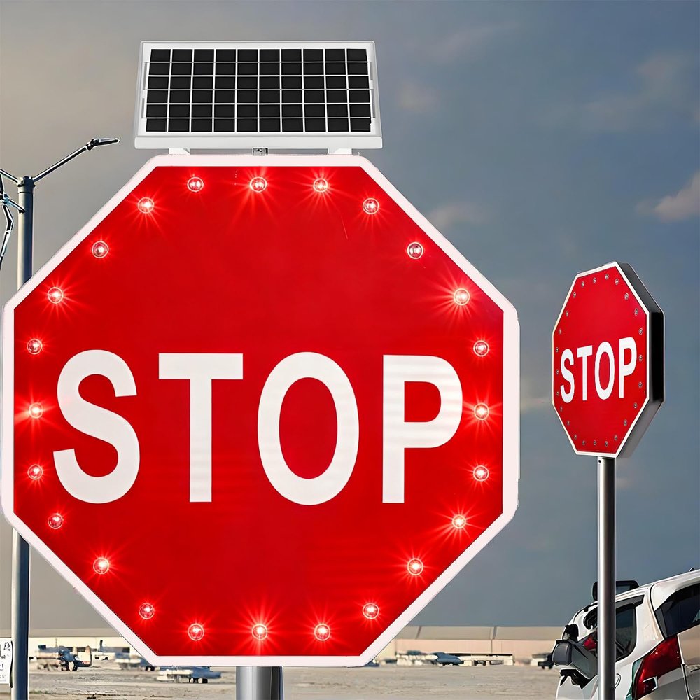 LED Traffic Road Warning Sign, Solar LED Stop Sign, With Large-Area Solar Panel and 24 High-Brightness Leds, Intelligent Sensor, 0.5-Mile Visibility Range, For School, Residential, Parking Lots 30"