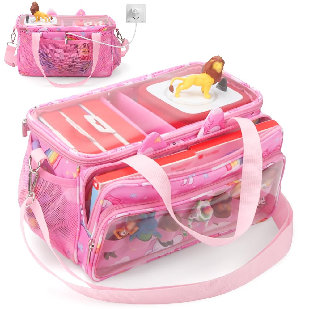 RZYLKA Carrying Case for Tonies Storage, Transparent Lid Bag for Tonies Box 2, Tonies Figures Characters, for Tonieplay Game Controller, Portable Storage Bag with Shoulder Strap and Handle Bar (Pink)