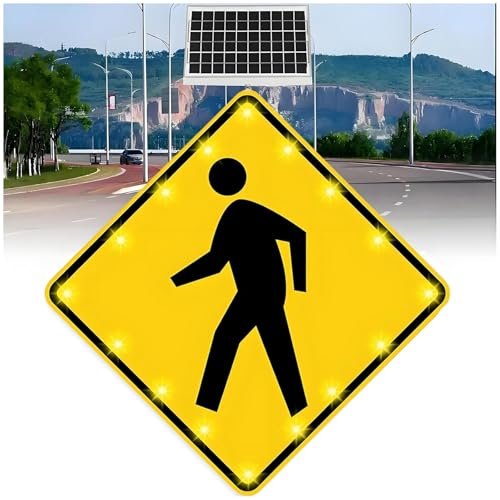 24" Solar Powered LED Pedestrian Crossing Sign - Flashing Traffic Warning Sign with Durable Aluminum Frame - Bright Road Safety Indicator for Increased Visibility and Enhanced Pedestrian Safety