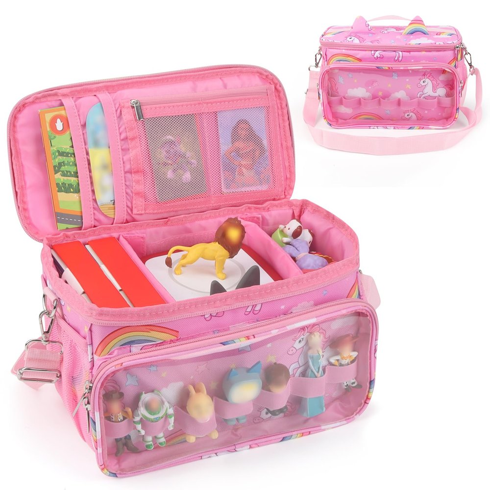 RZYLKA Carrying Case for Tonies Box 2 with Adjustable Dividers, Protective Storage Bag for Tonies Figures, Tonieplay Controller & Charger, Bag for Tonies Storage Compatible with Tonies Box 1(Pink)