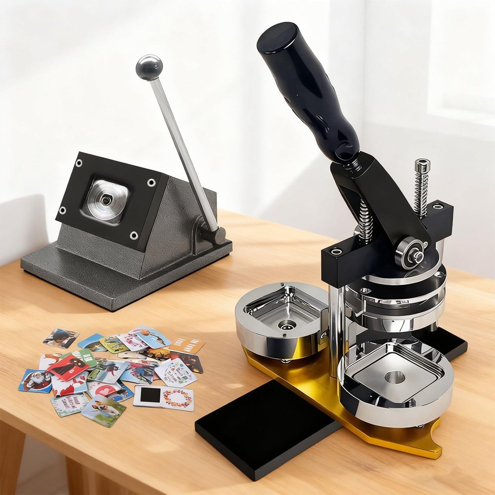 Eastnmythet Square Button Maker Machine Kit, 50x50mm DIY Pin Badge Press for Refrigerator Stickers & Custom Badges, with Paper Cutter 100pcs Consumables