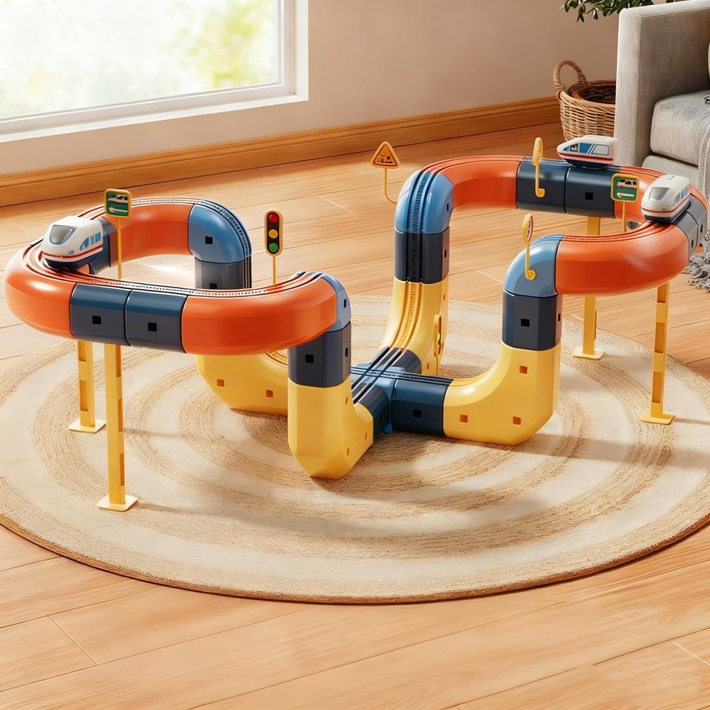 Megele 69 Pcs klick Rail Electric Train Set, 2025 New 3D Magic Flexible Race Track Toy, Stem Zero Gravity Rail Cube Toys