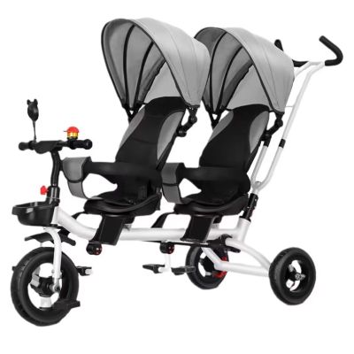 Stroller Trike with Recline backrest,Buggies with Removable Canopy and Push Handle,Dual Seats Tandem tricycles,Parent Push Trike with Swivel seat