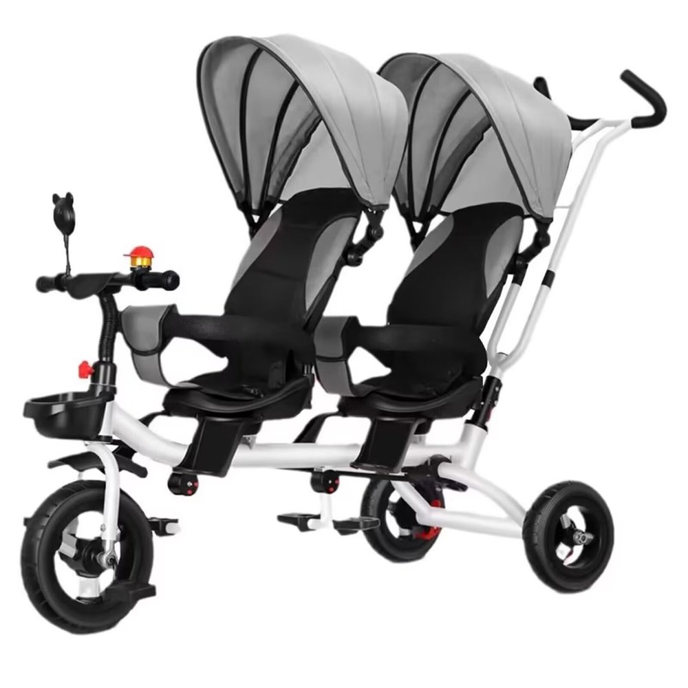 Stroller Trike with Recline backrest,Buggies with Removable Canopy and Push Handle,Dual Seats Tandem tricycles,Parent Push Trike with Swivel seat