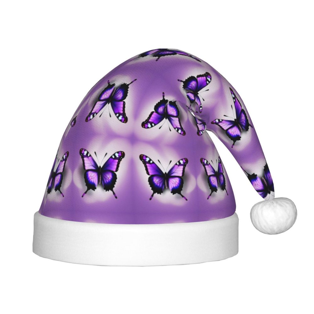 DRTGEDS Purple Butterfly Print Printing 14.2 X 11 Inch Santa Hat Christmas Winter Holiday Party Headwear Accessories Supplies