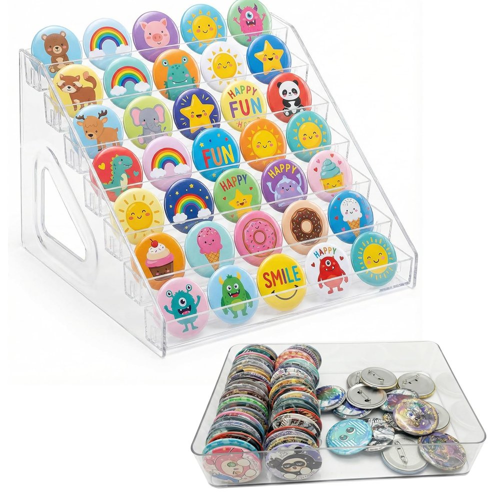 7-Tier Acrylic Button Display Stand & Storage Organizer 2-in-1 Large Capacity Rack for Button Maker Finished Products Clear Showcase to Store & Display Badges, Cards & Crafts (Fits Multi-Sizes)