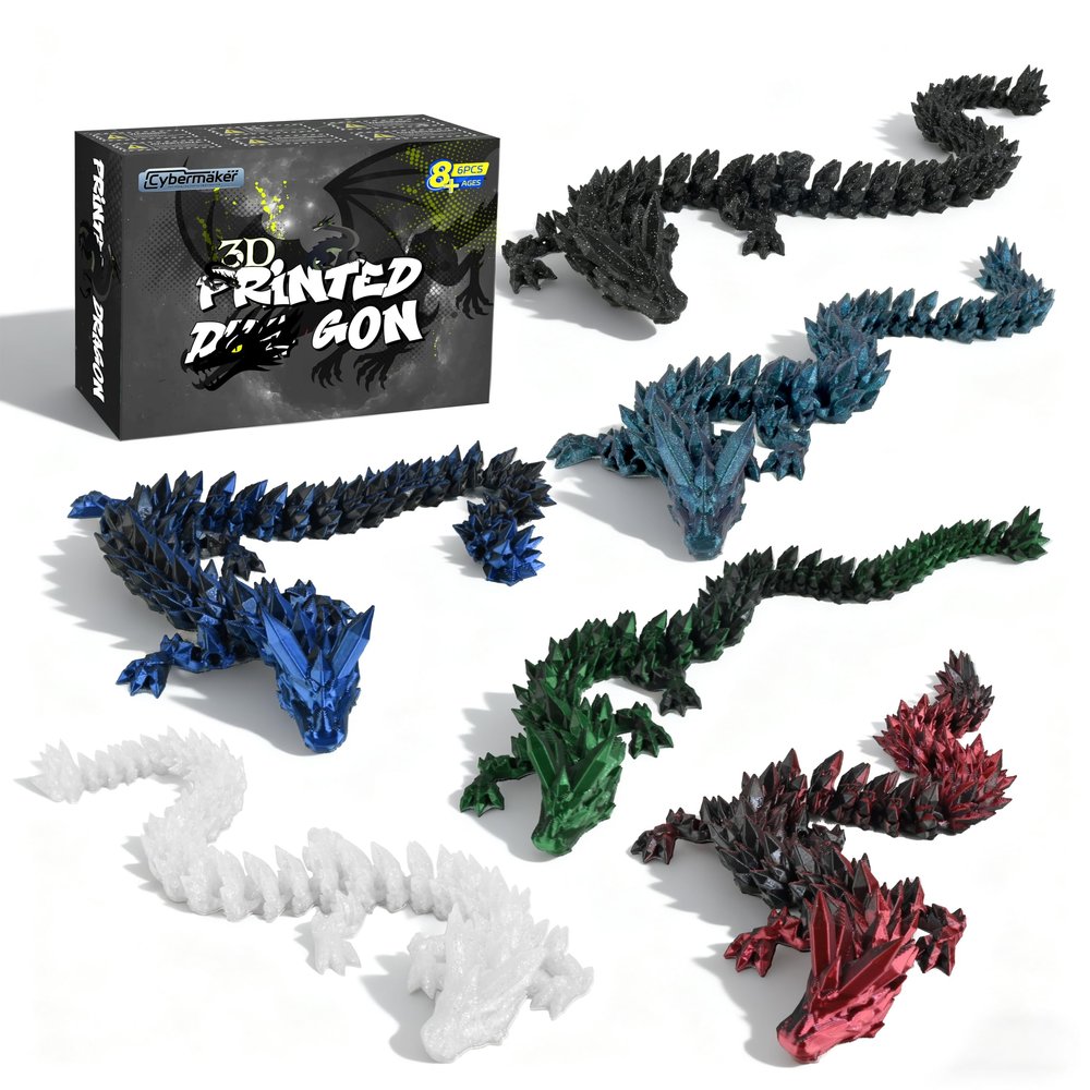Cybermaker 6PCS 12 Black 3D Printed Dragon Set, Articulated Dragon Figures, Flexible Fidget Toys, Desk Toys & Dark Fantasy Decor, Dragon Gifts, Collectibles & Party Favors for Teens and Adults