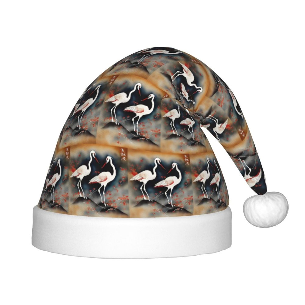 DRTGEDS Two Japanese Cranes Flying Traditional Painting Printing 14.2 X 11 Inch Santa Hat Christmas Winter Holiday Party Headwear Accessories Supplies