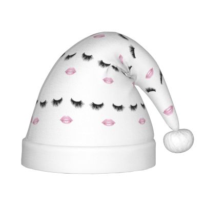 DRTGEDS Eyelash Lip White Printing 14.2 X 11 Inch Santa Hat Christmas Winter Holiday Party Headwear Accessories Supplies