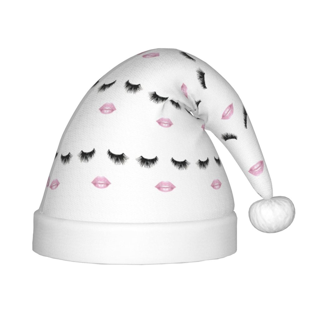 DRTGEDS Eyelash Lip White Printing 14.2 X 11 Inch Santa Hat Christmas Winter Holiday Party Headwear Accessories Supplies