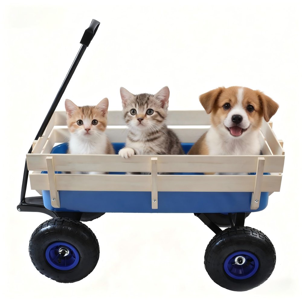 Big Air Filled Tires All Terrain Kids & Pet Pull-Along Wagon with Heavy Duty Steel Pull Cart,176LB Capacity,Removable Wooden Panels for Beach,Camping,Backyard & Outdoor Adventures,Blue