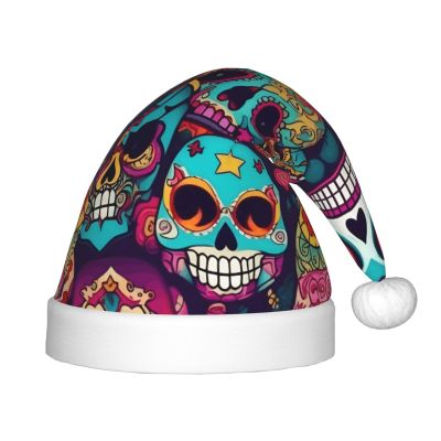 DRTGEDS Sugar Skulls Printing 14.2 X 11 Inch Santa Hat Christmas Winter Holiday Party Headwear Accessories Supplies