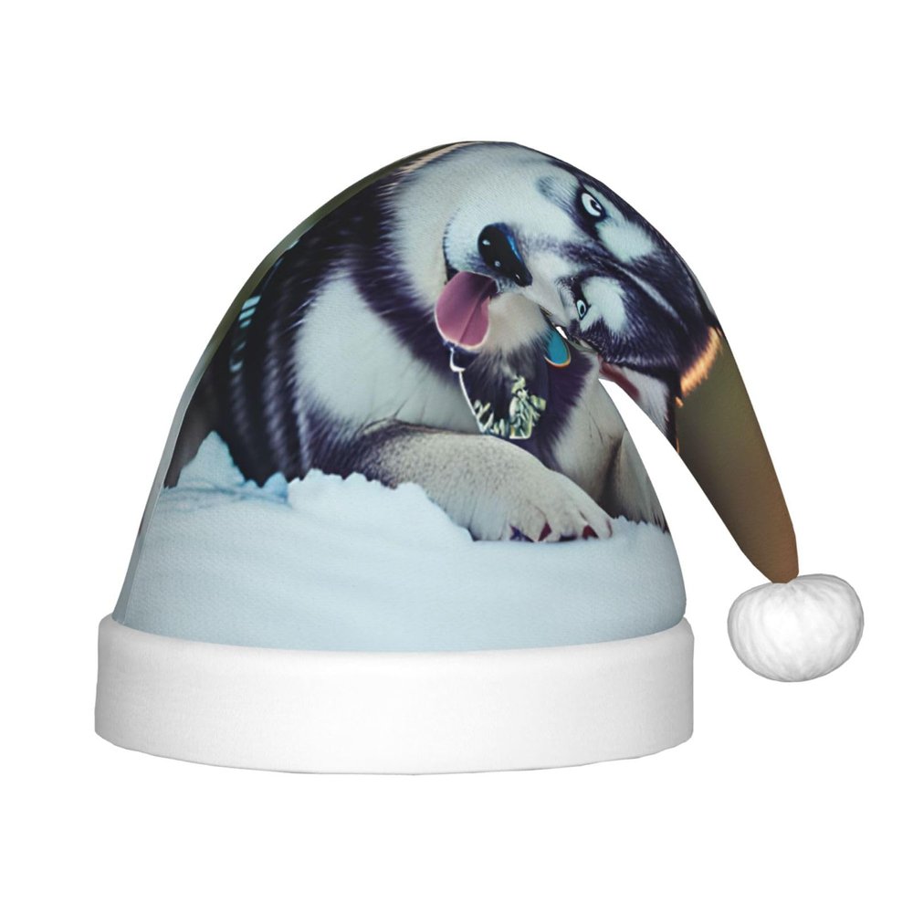 DRTGEDS Husky Dog Printing 14.2 X 11 Inch Santa Hat Christmas Winter Holiday Party Headwear Accessories Supplies