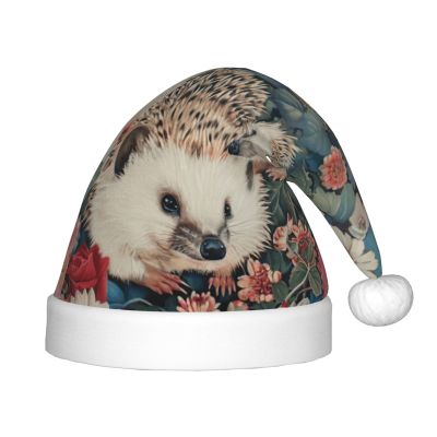 DRTGEDS Floral Hedgehogs Printing 14.2 X 11 Inch Santa Hat Christmas Winter Holiday Party Headwear Accessories Supplies