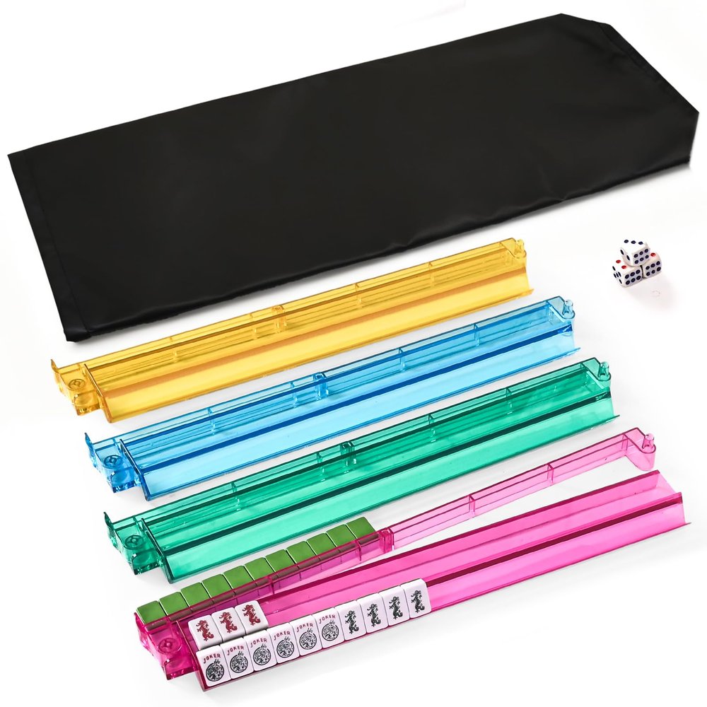 ChamThingzeal Mahjong Racks with Pushers, Mahjong Racks with Pushers Set of 4, PC Material, Modern American Tile Racks, for 1.2-inch American Mahjong Tiles, Includes Storage Pouch and 3 Dice, 4-Color