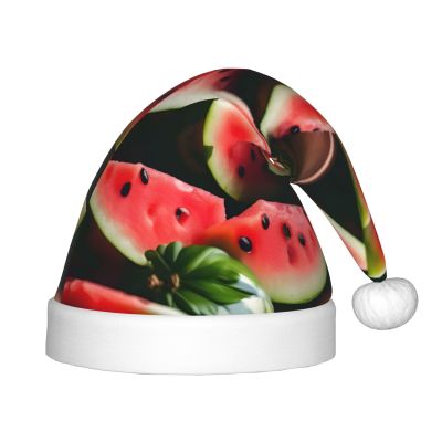 DRTGEDS Watermelon Fresh Fruit Printing 14.2 X 11 Inch Santa Hat Christmas Winter Holiday Party Headwear Accessories Supplies