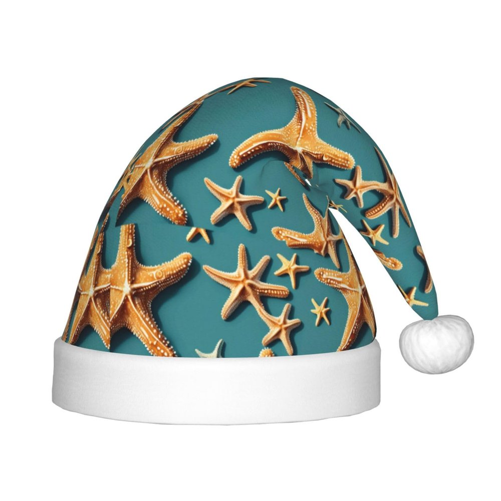 DRTGEDS Beach Starfish Printing 14.2 X 11 Inch Santa Hat Christmas Winter Holiday Party Headwear Accessories Supplies