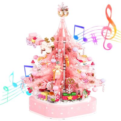 2025 Christmas Crystal Tree Building Blocks Set, Pink Music Box with Lights, Holiday Home Decoration, Idea Gifts for Adult and Teens (675 pcs)