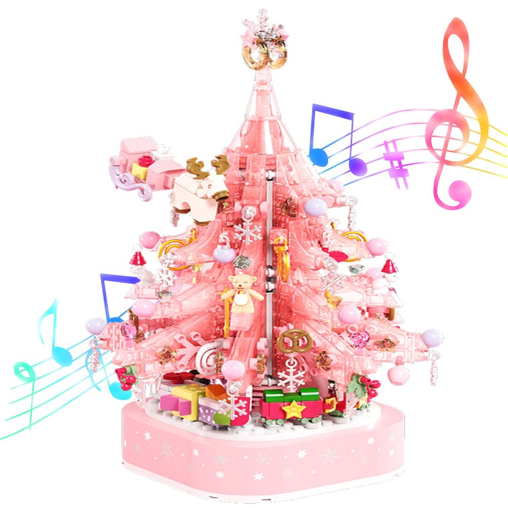 2025 Christmas Crystal Tree Building Blocks Set, Pink Music Box with Lights, Holiday Home Decoration, Idea Gifts for Adult and Teens (675 pcs)
