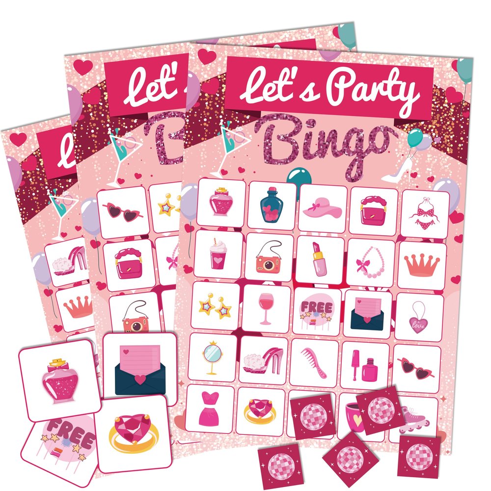 24 Players Pink Shower Girl Party Bingo Game for Adults Girls Women, Bachelorette Party Favors Supplies Decorations,Holidays Friends Gatherings, Sleepover Party Games, Pajama Party Decorations 02