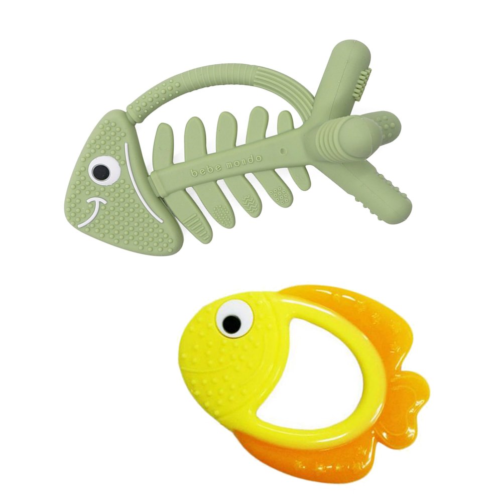 2PCS Baby Teething Toys, Fish Baby Teether Olive & Orange
