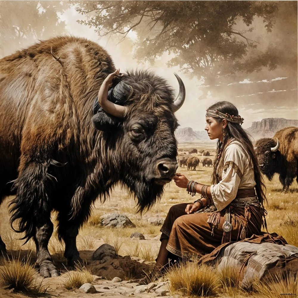 The Girl Touching the Bison of the Sioux Tribe - 1000 Wooden Jigsaw Puzzle - Children's Toy Challenge - Advanced Leisure Game Accessory