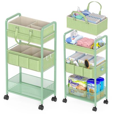 2in1 Baby Diaper Caddy Organizer Cart, 3-Tier Rolling Cart, Metal Diaper Caddy Carts, Bedside Carts for Nursery Essentials Storage, Detachable Dividers, Large Capacity, Green