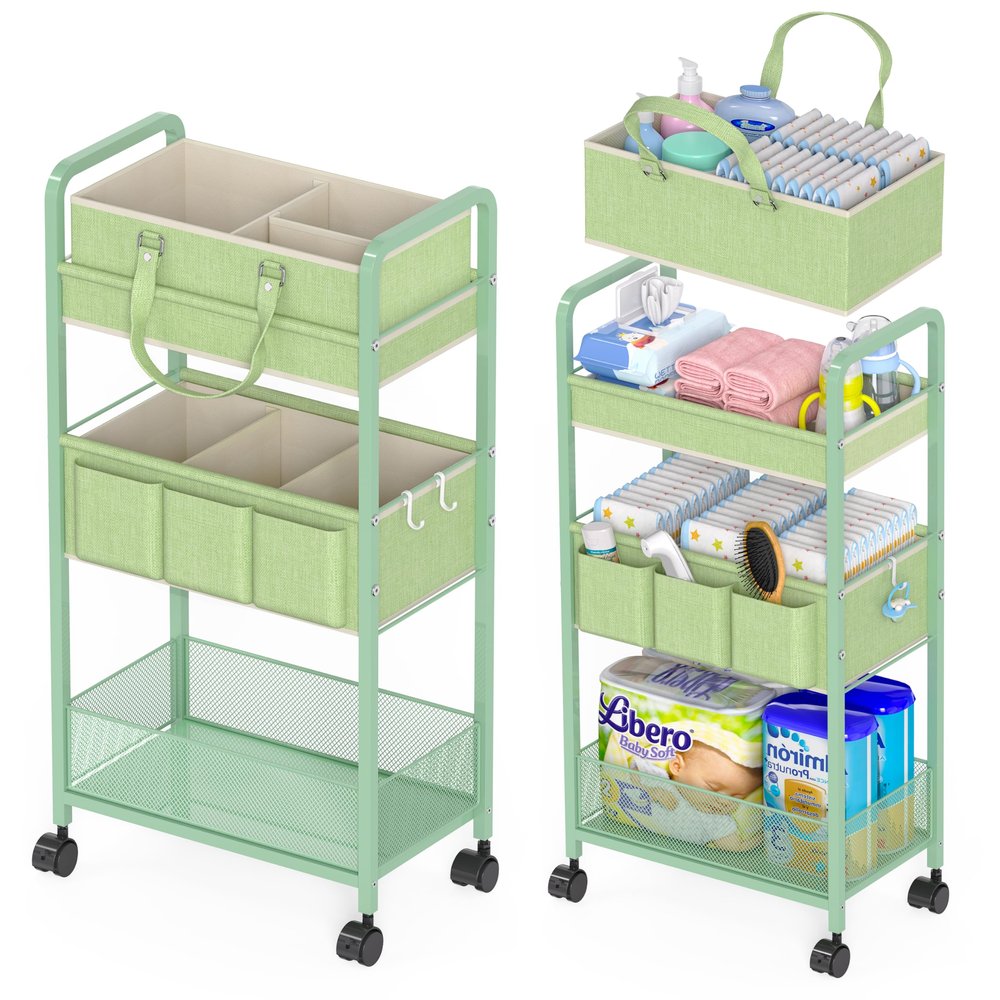 2in1 Baby Diaper Caddy Organizer Cart, 3-Tier Rolling Cart, Metal Diaper Caddy Carts, Bedside Carts for Nursery Essentials Storage, Detachable Dividers, Large Capacity, Green