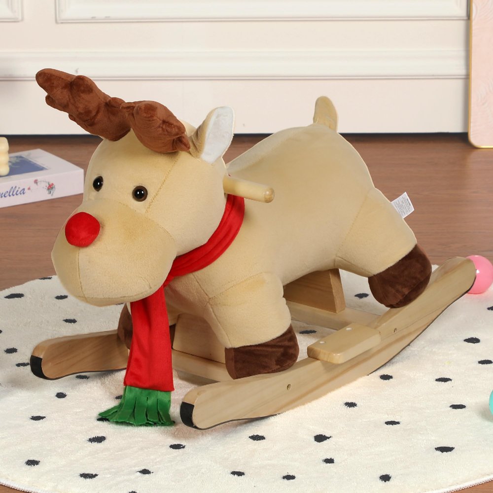 Reindeer Baby Rocking Horse for Toddlers 1 Years to 3 Years, Stuffed Plush Ride-on Rocking Animal with Realistic Sound and Music, Wooden Rocking Horse with Seat, Apricot Reindeer, CPC Certified