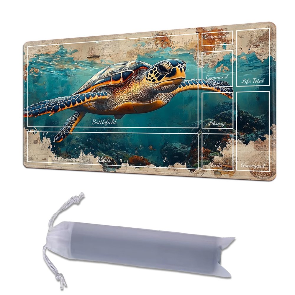 HGGJFLYX Playmat with Zone for MTG,28x16 Inch for TCG Playmat with Non-Slip Rubber Base,Smooth Surface Stitched Edges,Magic Card Game Mat with Storage Bag,and Desk Mousepad,Map Turtle Ocean