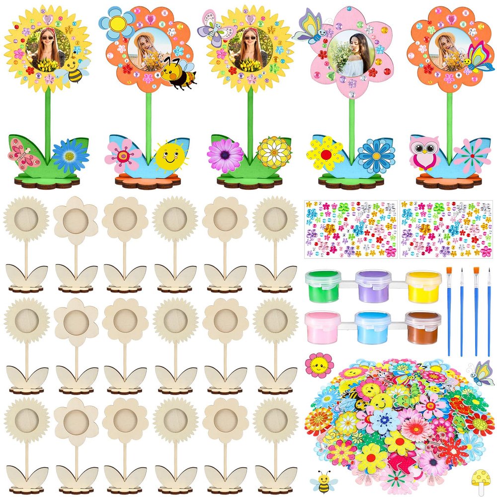 24 Sets Spring Wooden Crafts Bulk Flower DIY Picture Frame Kit Unfinished Solid Wooden Flower Shape Picture Frames Crafts with Gems Stickers Paint Brush for Spring Mother's Day Party(Assorted Styles)