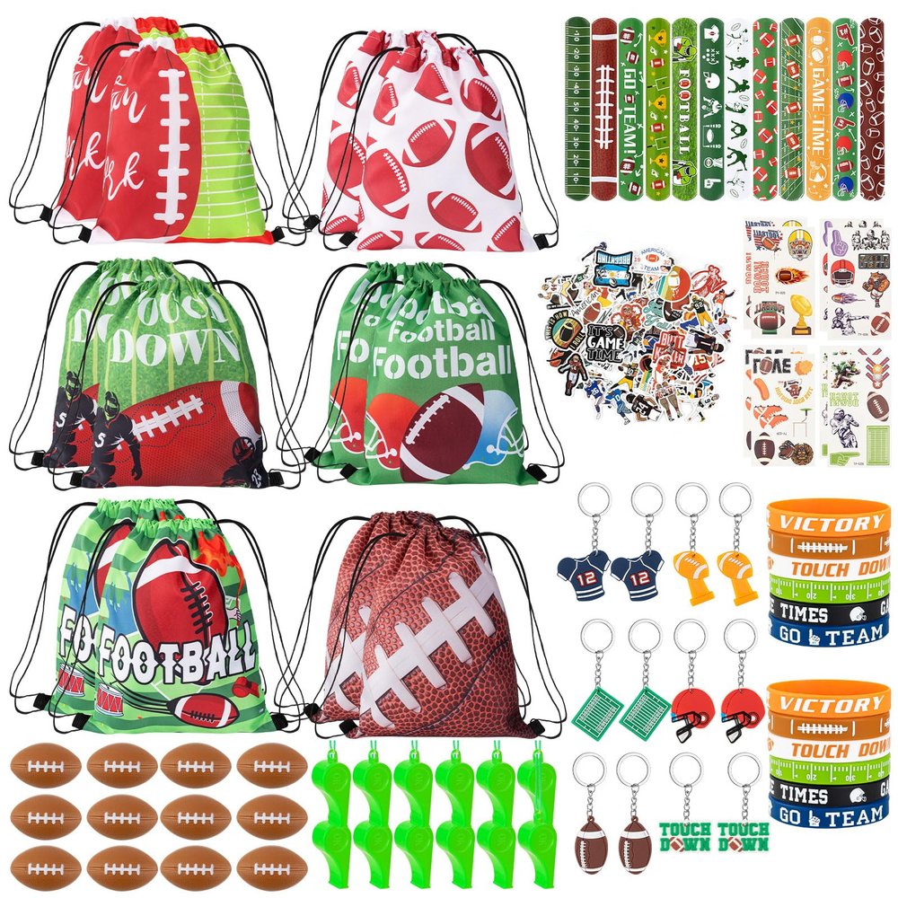 144 Pcs Football Party Favors, Football Goodie Bags with Mini Balls, Wristband, Slap Bracelets, Keychains, Tattoo Stickers, Whistle, Football Stickers for Football Birthday Party Supplies Team Gifts