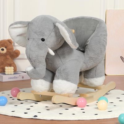 Elephant Baby Rocking Horse for Toddlers 1 Years to 3 Years, Stuffed Plush Ride-on Rocking Animal with Realistic Sound and Music, Wooden Rocking Horse with Seat, Grey Elephant, CPC Certified