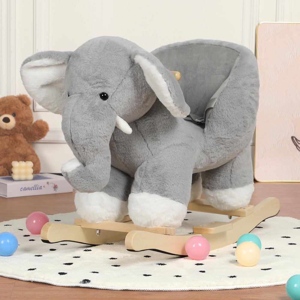 Elephant Baby Rocking Horse for Toddlers 1 Years to 3 Years, Stuffed Plush Ride-on Rocking Animal with Realistic Sound and Music, Wooden Rocking Horse with Seat, Grey Elephant, CPC Certified