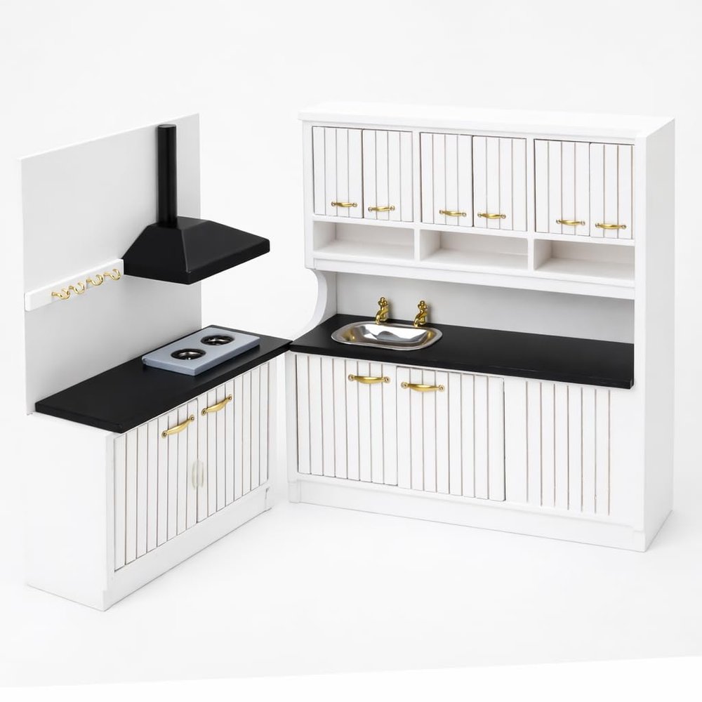 1/12 Scale Doll House Kitchen Cabinet - Miniature Mini Table with Stove Sink Cabinet, Mini Wooden Dining Room Furniture Accessories, Decoration for Dollhouse Accessory