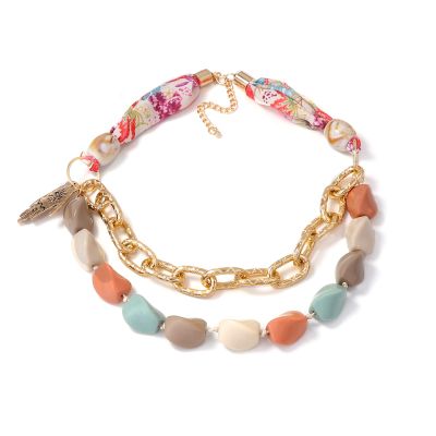 Bohemian Ribbon Geometric Bead Pendant Necklace,multicolored,49+7cm