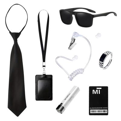 Agent Costume Black Men Secret Service Outfit Cosplay Costume Hat Tie Sunglasses Ring Card Case for World Book Day Halloween (Style 3)